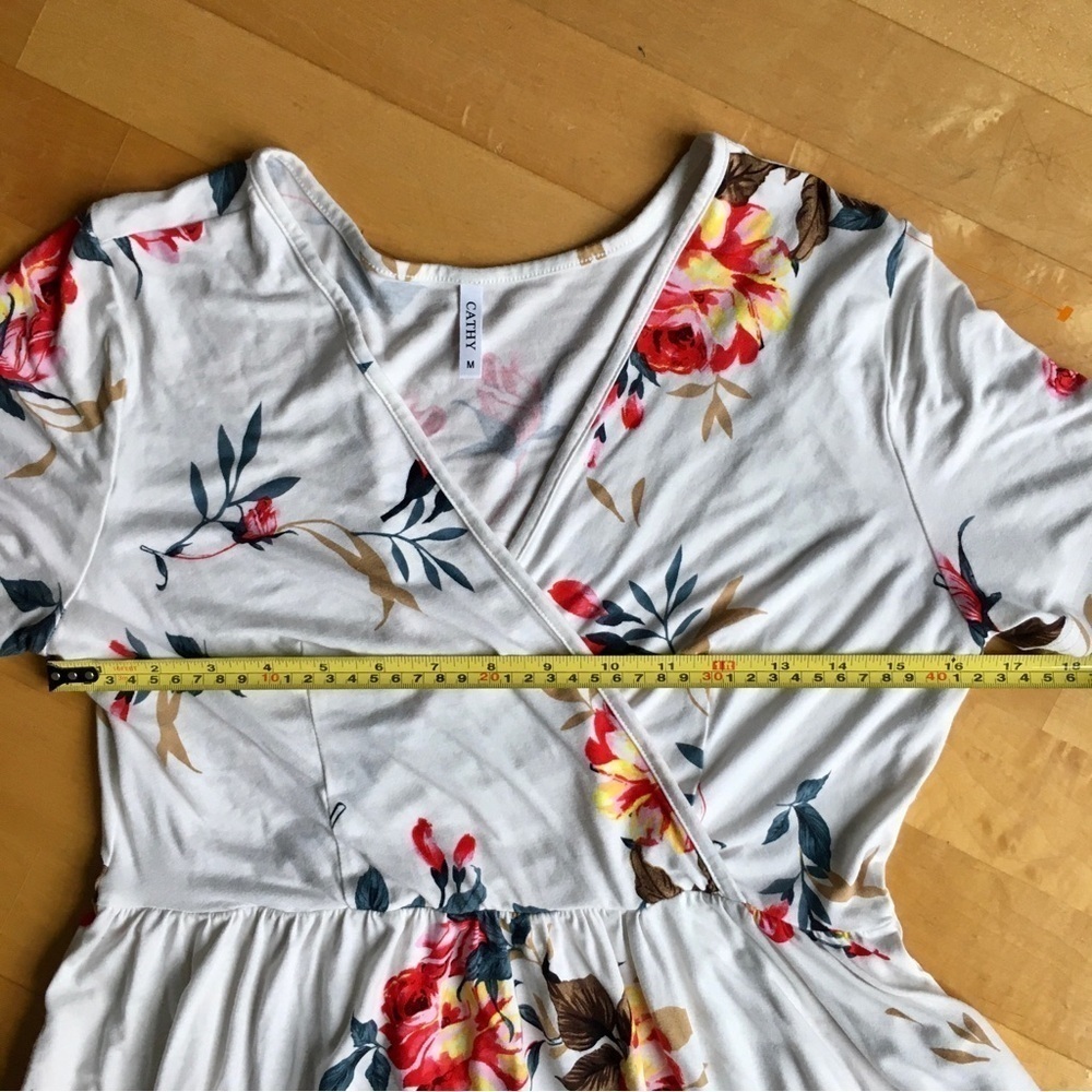 CATHY Floral Surplice Top Wrap Dress with Pockets, Ivory, Cream, Orange, Size M - Picture 12 of 17